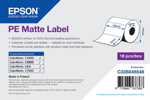 Epson Labels Prem Matte Die-cut 102mm X 76mm - C3500